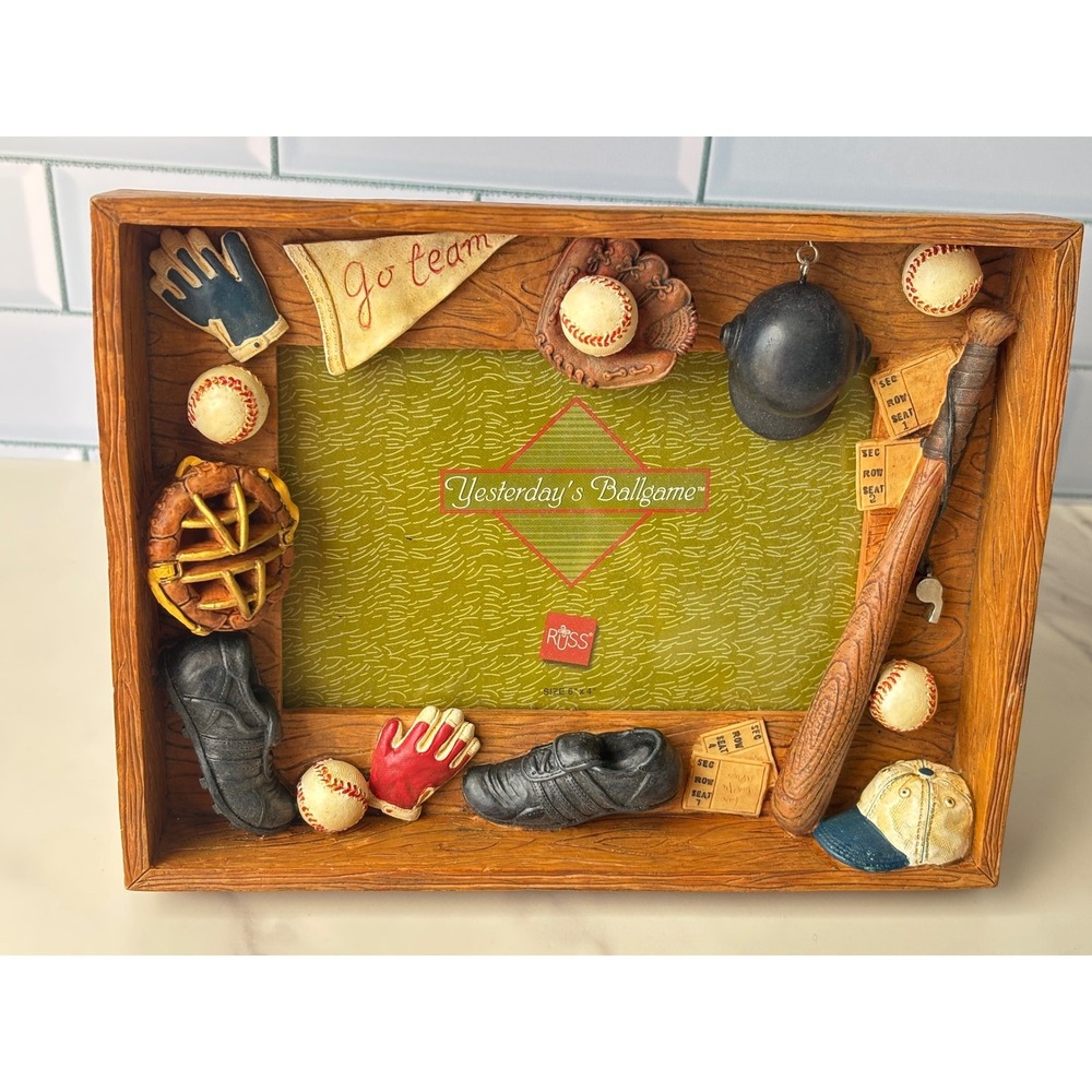 Russ Berrie Yesterdays Ballgame Baseball Shadowbox Picture Frame 4x6 Vintage